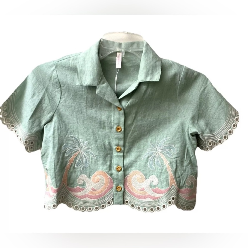 Zimmermann Girls Green Tallow Embroidery Cotton Button Front Shirt NEW Sz 4